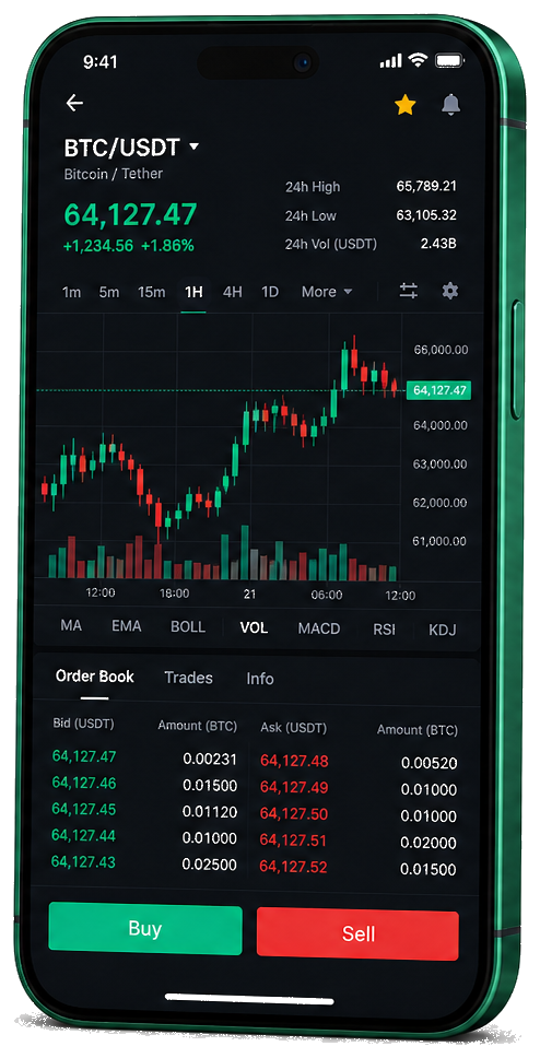 Interface mobile de trading signaux IA — cours BTC/USDT en direct, carnet d’ordres et outils de suivi des opérations